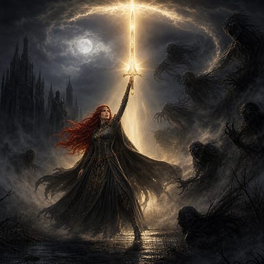 Ireena Kolyana raising the Sun Sword in a She-Ra–like ascension pose, feet planted, back straight, sword lifted skyward as golden light erupts; her fiery red hair swept by the glow; fog parting around her in a Barovian marsh; shadows recoiling; Gothic atmosphere; original face, no resemblance to real people