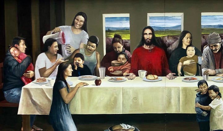painting shows Jesus at last supper with migrants. Photo shows two men hauling a vat of stew at a migrant repite center.