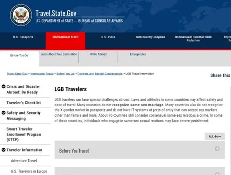 Travel.state.gov page for LGB travelers - the T Is now removed from the page.