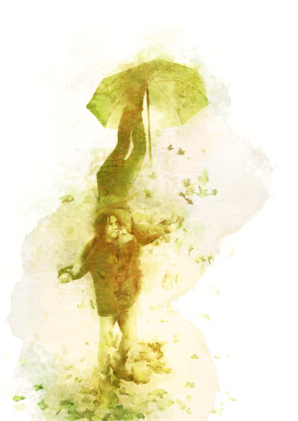 Digitally hand-painted artwork of two aerialist circus performers. The man holds the woman upside down on this shoulder while she holds an umbrella on her feet. Leaves tumble around them, painted in green and brown autumn watercolour-like colours. Digitally hand-painted artwork of two aerialist circus performers. The man holds the woman upside down on this shoulder while she holds an umbrella on her feet. Leaves tumble around them, painted in green and brown autumn watercolour-like colours.