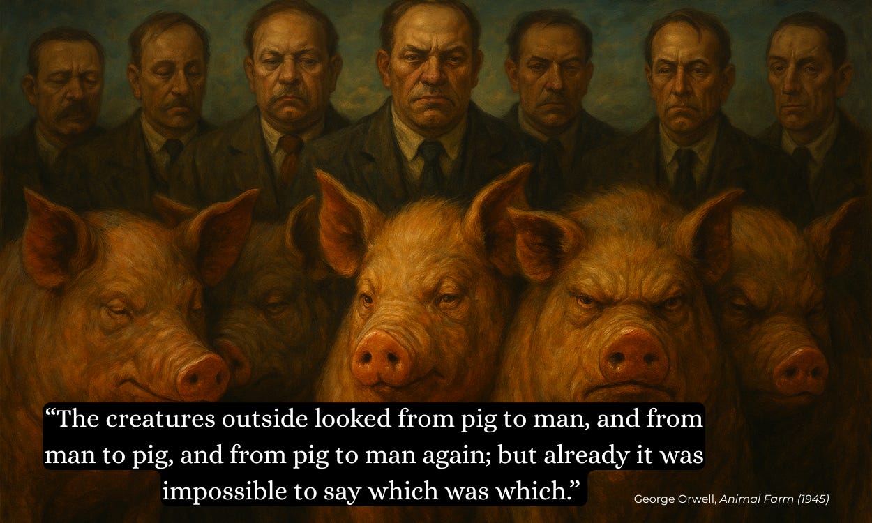 Oil-paint style image of stern men in dark suits standing in a row behind a row of pigs, their expressions mirroring each other. A black caption bar at the bottom reads: “The creatures outside looked from pig to man, and from man to pig, and from pig to man again; but already it was impossible to say which was which.” — George Orwell, Animal Farm (1945).