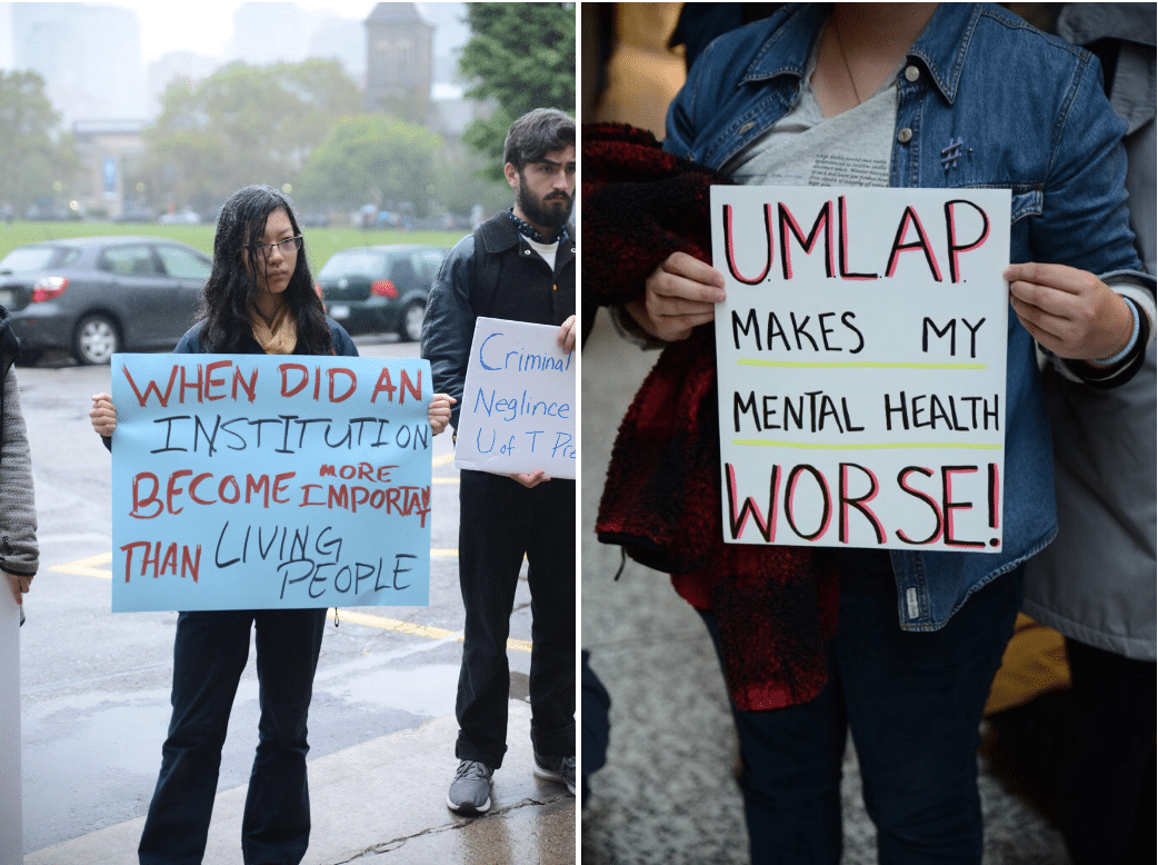 Quit whining or we’ll send you home: Even as the Landmark Project continued to advance with millions of dollars in capital funding, a string of suicides and suicide attempts devastated the U of T’s student population and their families. Many students concluded the administration’s priorities were misplaced and demonstrated (as shown above) for better mental health support. Leadership responded with a mental health policy authorizing administrators to banish students deemed to be “at risk” from the classroom. Quit whining or we’ll send you home: Even as the Landmark Project continued to advance with millions of dollars in capital funding, a string of suicides and suicide attempts devastated the U of T’s student population and their families. Many students concluded the administration’s priorities were misplaced and demonstrated (as shown above) for better mental health support. Leadership responded with a mental health policy authorizing administrators to banish students deemed to be “at risk” from the classroom.