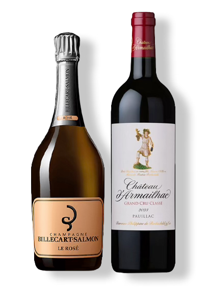A bottle of Billecart-Salmon Champagne Le Rose and Chaueau d'Armailhac, Bordeaux 