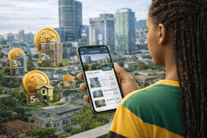 A young Jamaican woman reviews fractional property investments from her phone as a familiar Kingston skyline quietly evolves into a smarter, more connected city. (Jamaica-homes.com)