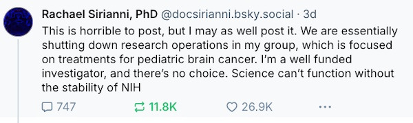 Rachael Sirianni, PhD @docsirianni.bsky.social · 3d This is horrible to post, but I may as well post it. We are essentially shutting down research operations in my group, which is focused on treatments for pediatric brain cancer. I’m a well funded investigator, and there’s no choice. Science can’t function without the stability of NIH Rachael Sirianni, PhD @docsirianni.bsky.social · 3d This is horrible to post, but I may as well post it. We are essentially shutting down research operations in my group, which is focused on treatments for pediatric brain cancer. I’m a well funded investigator, and there’s no choice. Science can’t function without the stability of NIH