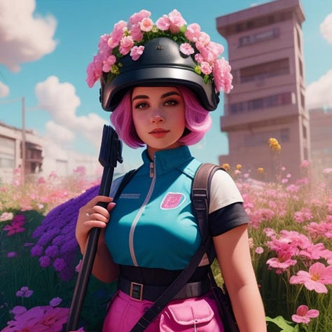 Bright floral pink and purple haired femmes in floral backgrounds.