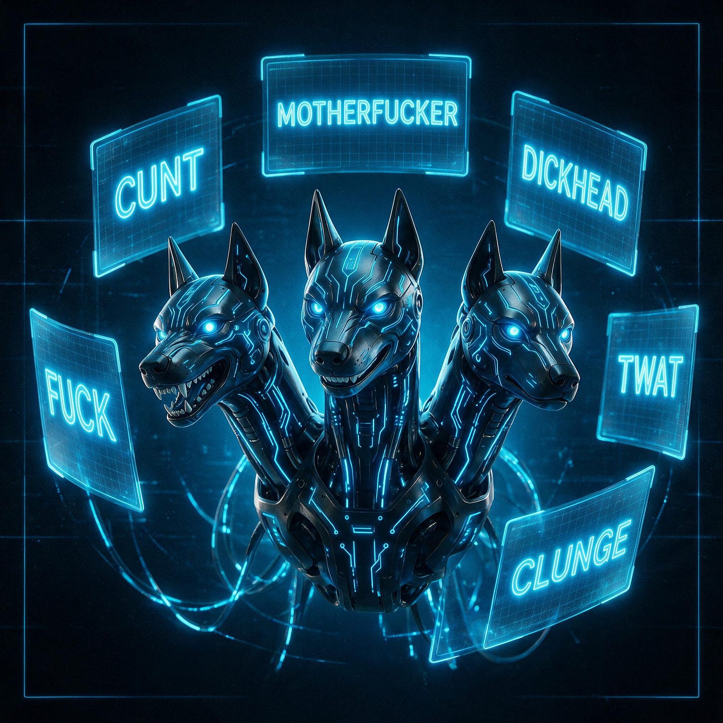 Neon Tron-blue CerberAI with hologram swearword screens in a dark sci-fi header style.