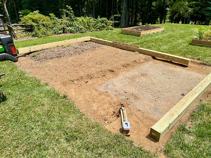 Mosaic of images showing large wooden posts being moved and laid on the ground.