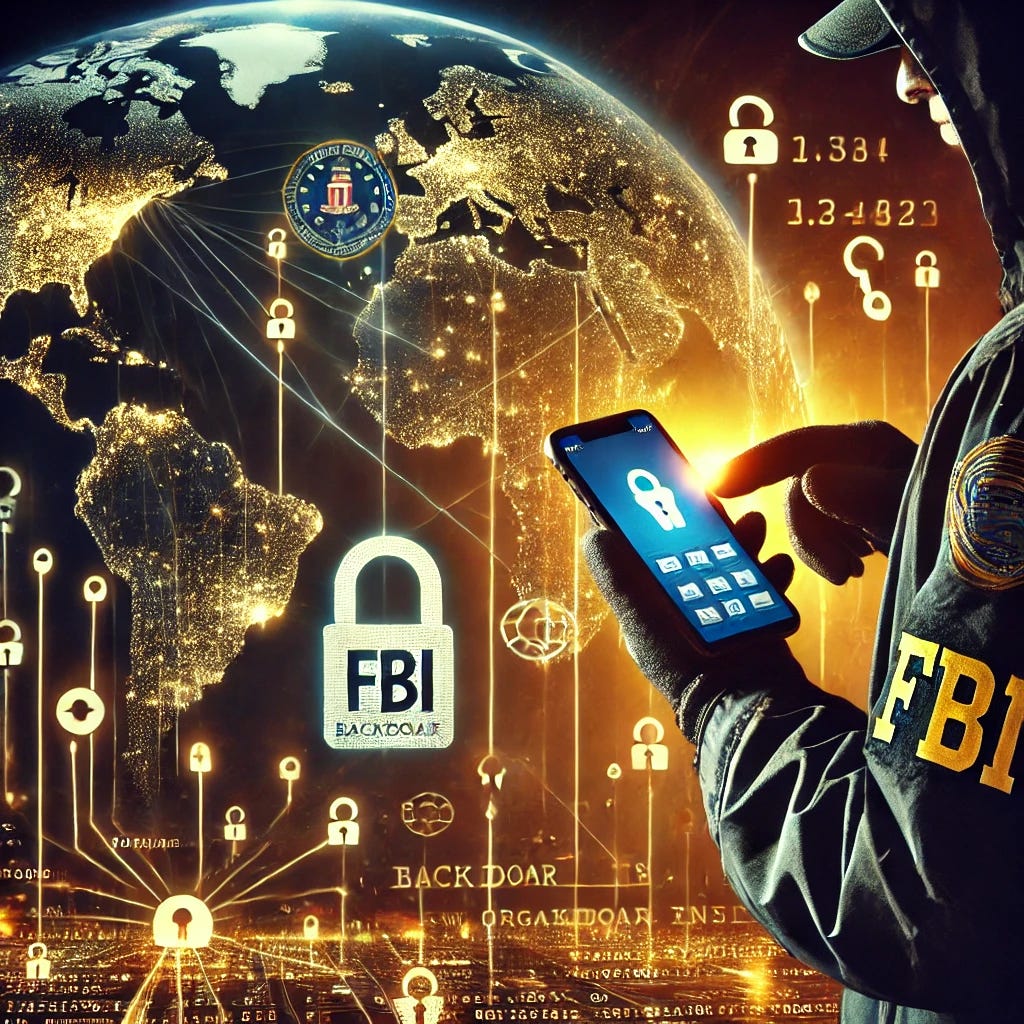 A high-detailed conceptual image showing an FBI agent analyzing an encrypted phone, with glowing backdoor messages flowing out into a digital map. The background highlights global connections with organized crime syndicates across continents.