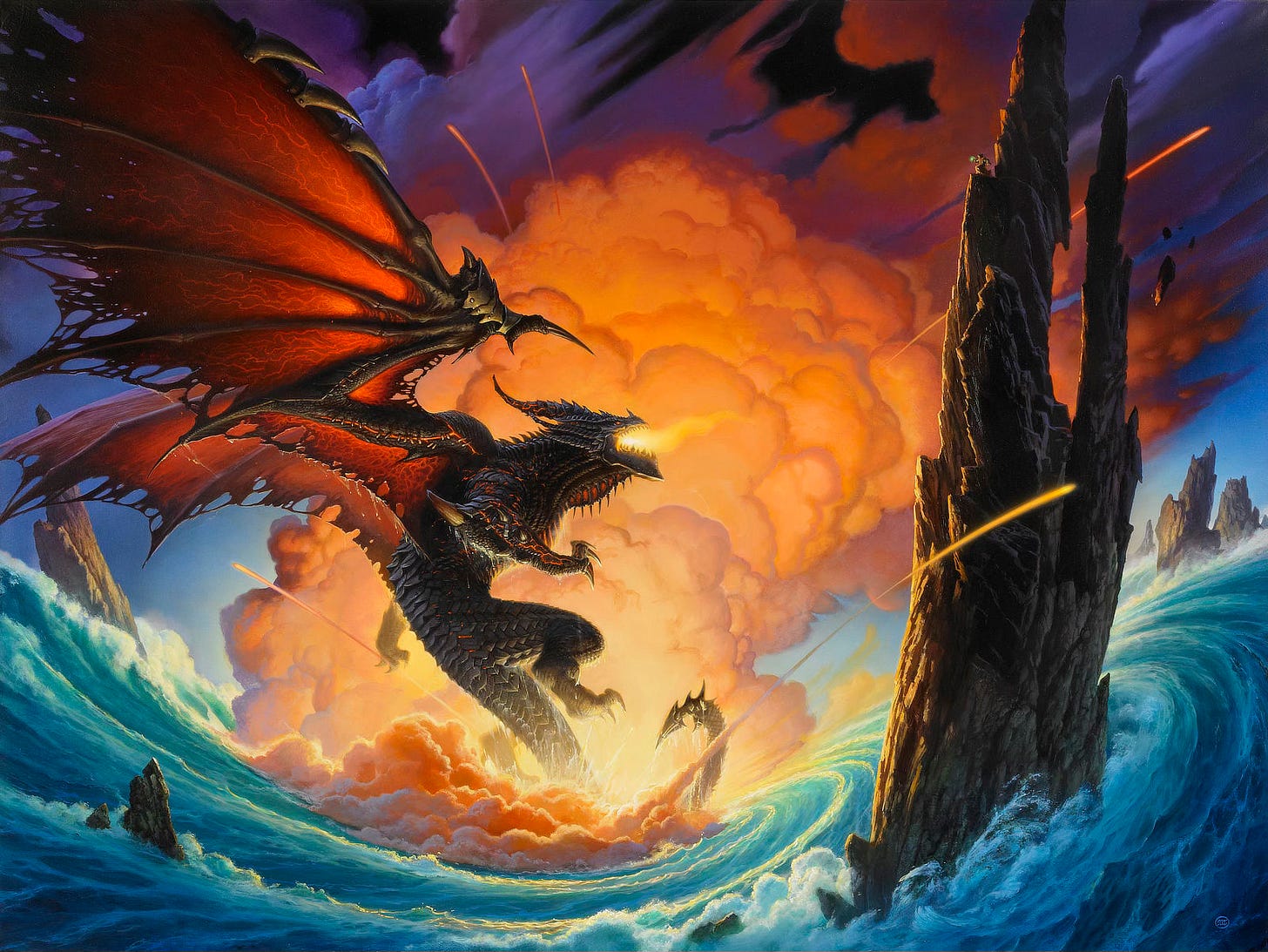 A black dragon with flame smoldering in its mouth and lines of magma burning between its scales spreads mighty wings as it emerges from the ocean. Water spirals and froths, rising at opposite edges of the panel with the massive displacement of the dragon rising. The rib supports of its wings are thick and spiked, but the flesh between is tattered and showing through at the edge of its wings. A cloud of orange billowing smoke rises behind. Lines of fiery debris launch in random directions. A spire of rock rises from the ocean as a tiny figure perches atop faces the massive beast. A black dragon with flame smoldering in its mouth and lines of magma burning between its scales spreads mighty wings as it emerges from the ocean. Water spirals and froths, rising at opposite edges of the panel with the massive displacement of the dragon rising. The rib supports of its wings are thick and spiked, but the flesh between is tattered and showing through at the edge of its wings. A cloud of orange billowing smoke rises behind. Lines of fiery debris launch in random directions. A spire of rock rises from the ocean as a tiny figure perches atop faces the massive beast.