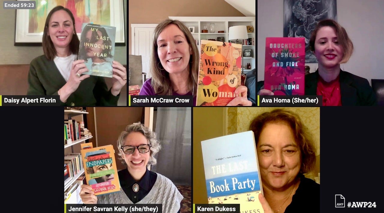 In each one of five squares, a participant smiles and holds their book. Top left: Daisy Alpert Florin, a white woman with shoulder-length brown hair; Top center: Sarah McCraw Crow, a white woman with shoulder-length light brown hair; top right: Ava Homa, a Kurdish woman with a brown and blondish asymmetrical bob; bottom left: Jennifer Savran Kelly, a white genderqueer person with a short, gray asymmetrical haircut; bottom right: Karen Dukess, a white woman with chin-length brown hair.