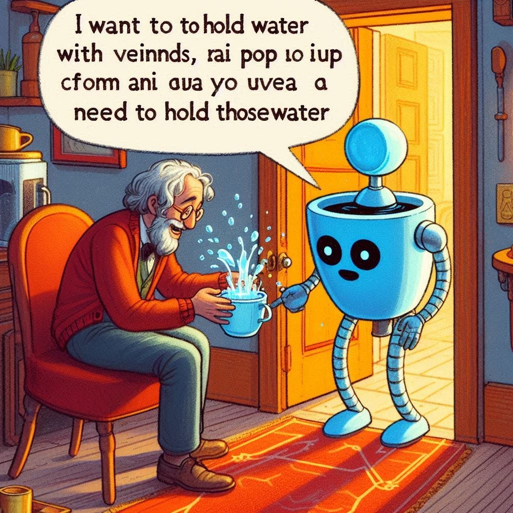 i want to have people trying to hold water with their hands, and an AI assistant pop up from a magic door to give you a cup you need to hold those water 