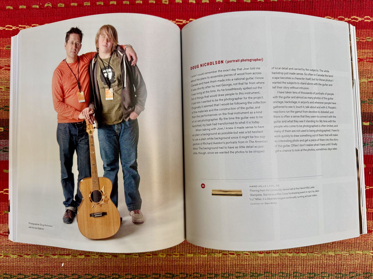 picture of the Six String Nation book open to the page with a photo of portrait photographer Doug Nicholson and his son Gabriel, along with his written commentary for the book