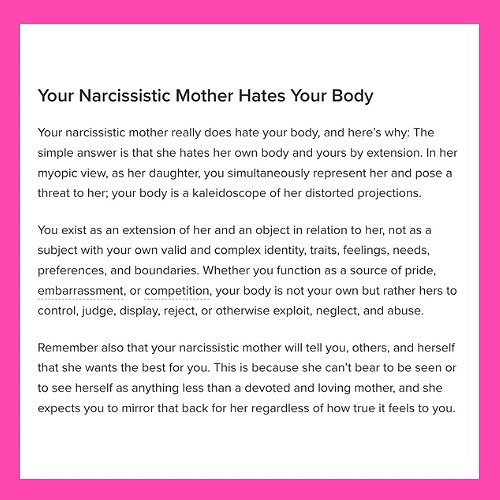 Snippet of an article titled 'Your Narcissistic Mother Hates Your Body' by Julie Hall