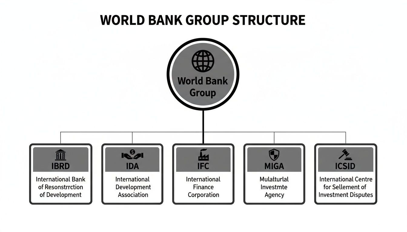 Organizational chart illustrating the World Bank Group structure and its five member institutions. Organizational chart illustrating the World Bank Group structure and its five member institutions.