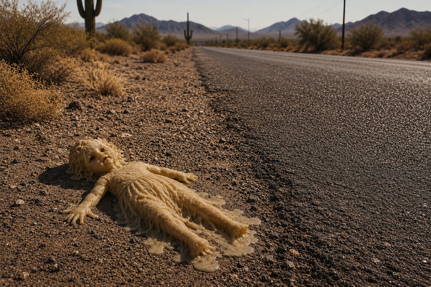 A melting wax doll lies abandoned beside an Arizona highway, surrounded by desert scrub, saguaros, and distant mountains under harsh summer sun. A melting wax doll lies abandoned beside an Arizona highway, surrounded by desert scrub, saguaros, and distant mountains under harsh summer sun.