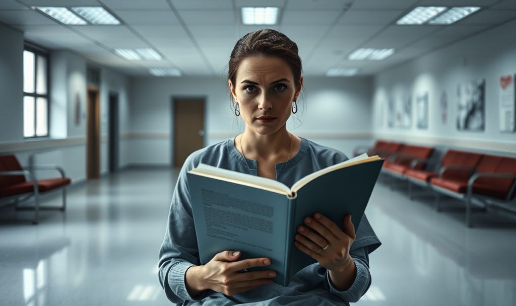 Cinematic image of a 30 year old woman in a stark hospital waiting room, clutching her manuscript, face etched with quiet devastation looking into the eyes of the reader representing real optimism