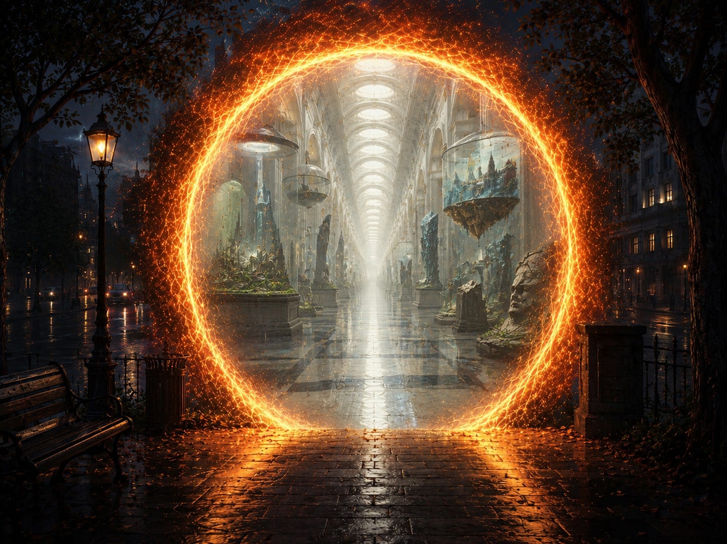 A glowing portal reveals an endless museum of lost worlds. Inside, pristine white halls stretch beyond sight, lined with preserved landscapes, ruined cities, ancient monuments, and fragments of vanished civilizations displayed beneath soft light. A glowing portal reveals an endless museum of lost worlds. Inside, pristine white halls stretch beyond sight, lined with preserved landscapes, ruined cities, ancient monuments, and fragments of vanished civilizations displayed beneath soft light.
