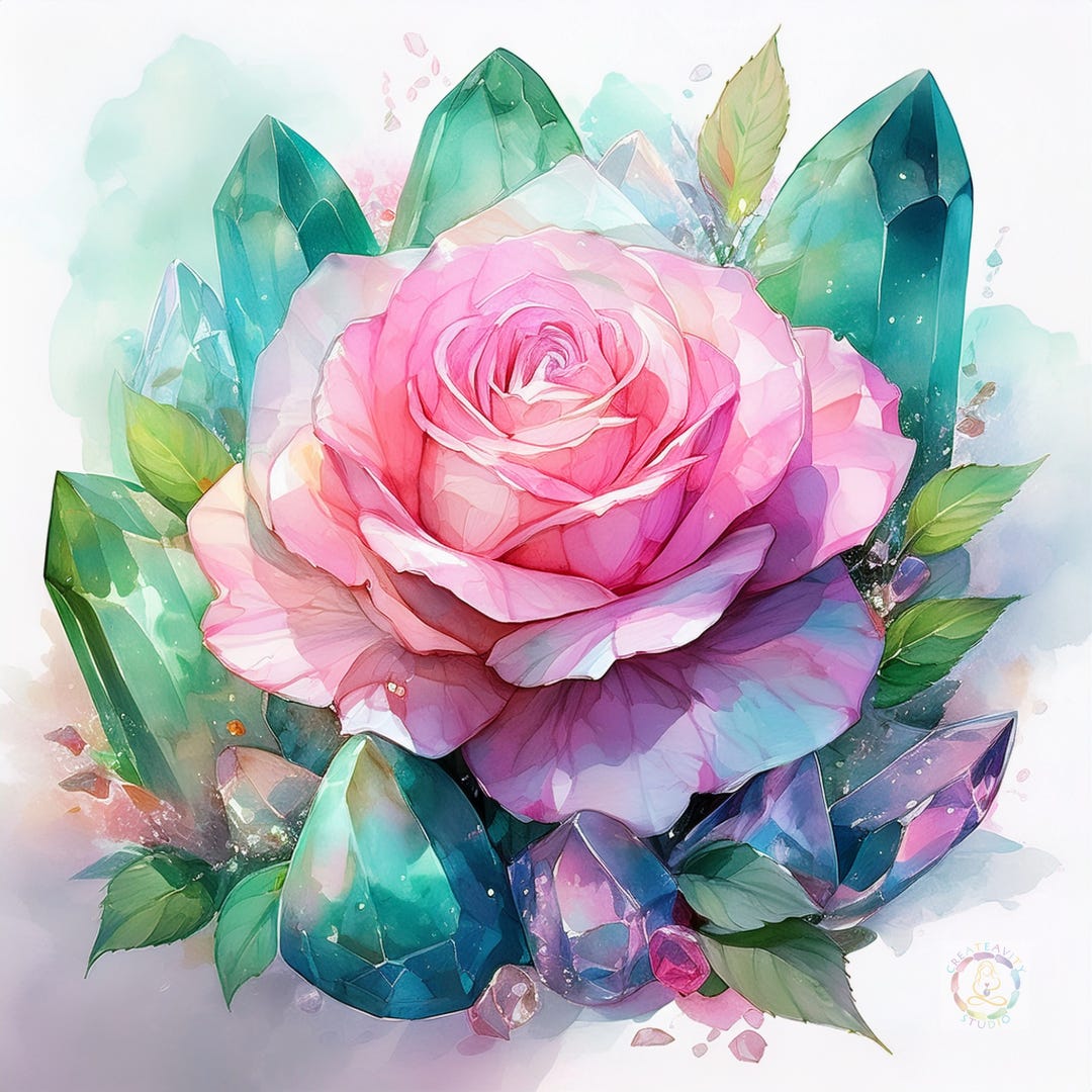 Watercolour drawing by AI of a pink rose and green aventurine crystals and watercolour splash background - created by Callie Di Nello - Createavity Studio