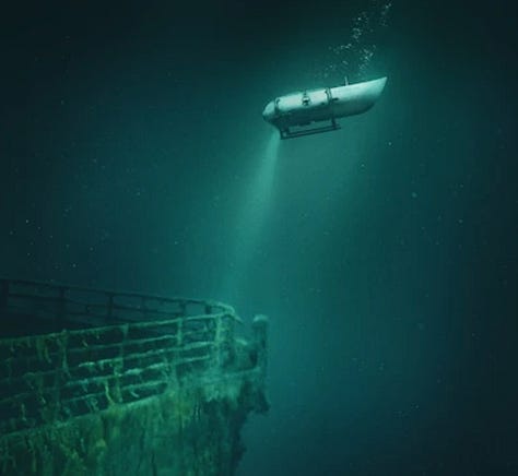 Teal running shorts, a submarine near the Titanic wreckage, and a chicken and bean dish.
