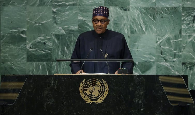 President Muhammadu Buhari delivering a speech at the United Nations Headquarters