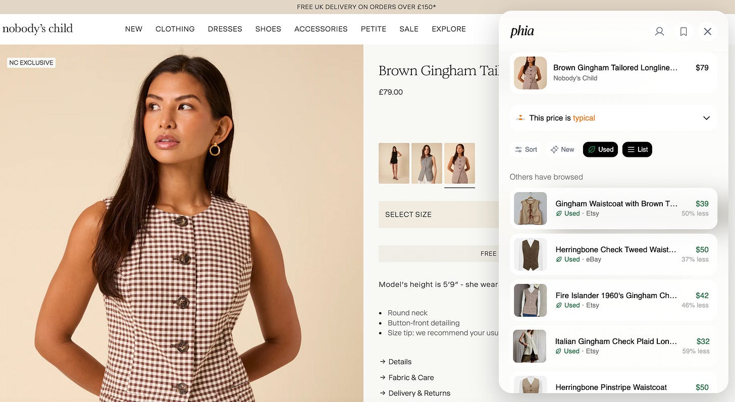 Side-by-side screenshot showing a fashion product page from Nobody’s Child (a brown gingham dress) and the Phia Chrome extension overlay. The extension shows resale listings of similar items across platforms like Etsy and eBay, comparing prices and noting that the original price is “typical.”
