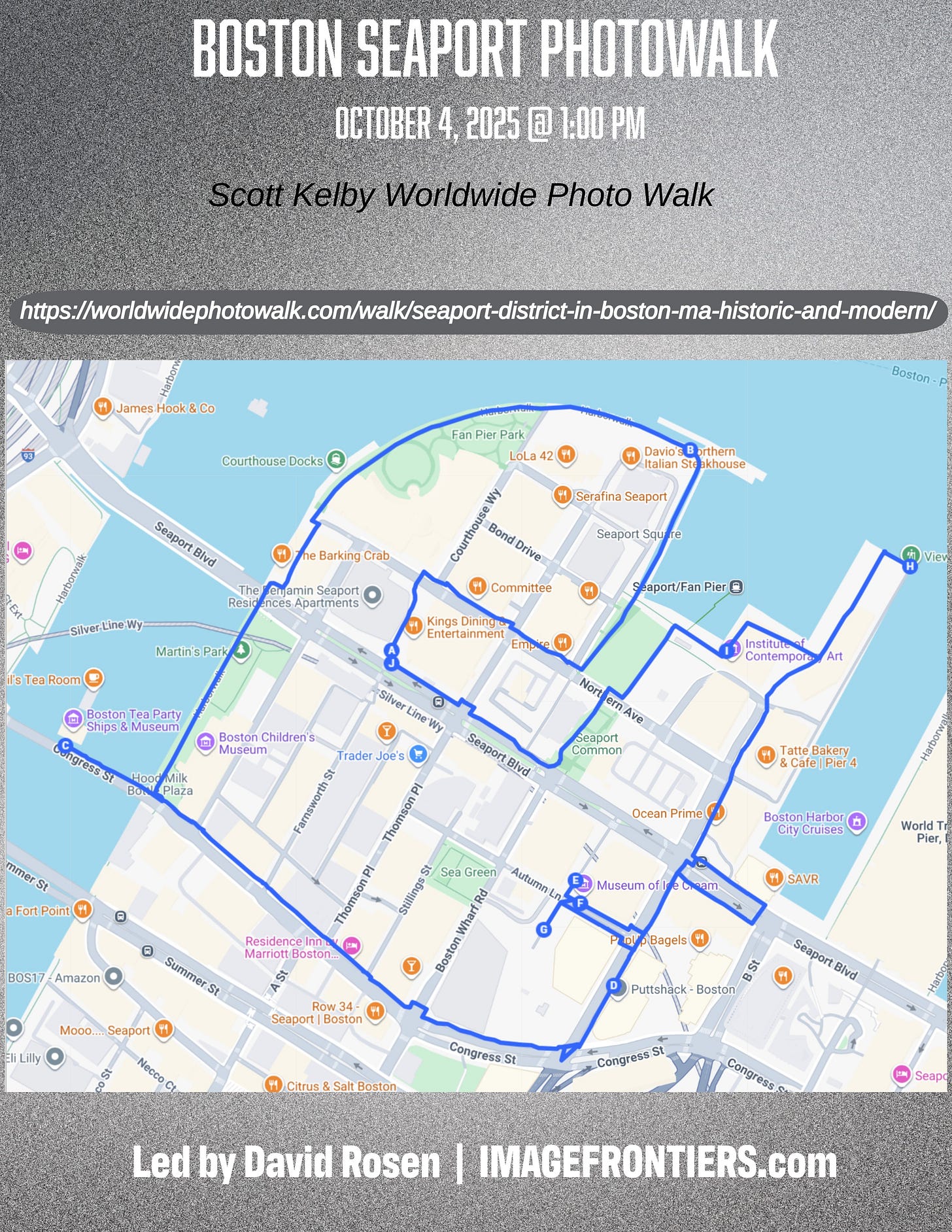 Scott Kelby Worldwide Photowalk – Boston Seaport route map, Oct 4, 2025.
