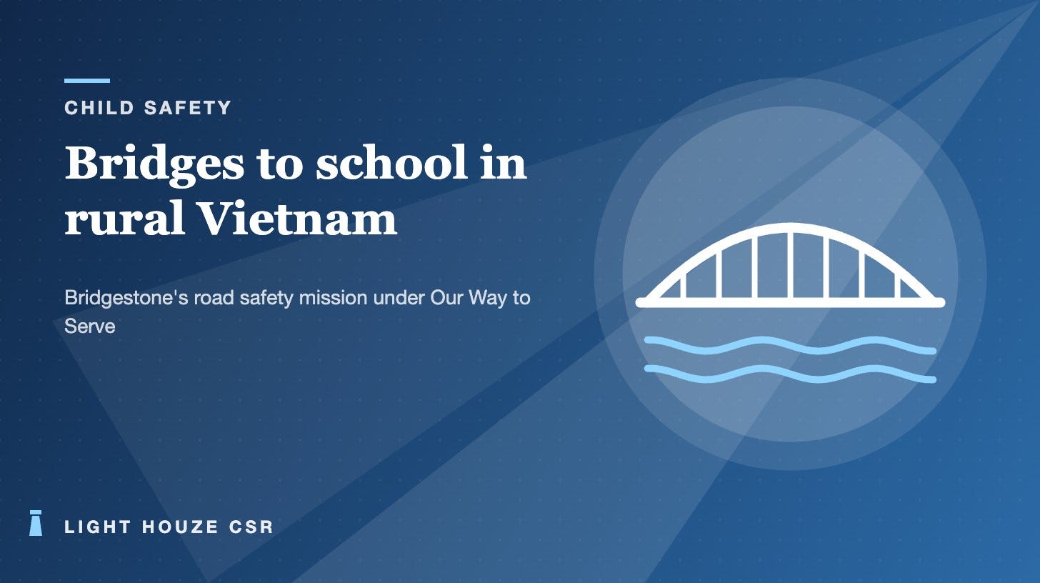 Illustration of an arched bridge over flowing water on a blue background, with the headline Bridges to school in rural Vietnam, for a Light Houze CSR story on Bridgestone's child road safety programme Illustration of an arched bridge over flowing water on a blue background, with the headline Bridges to school in rural Vietnam, for a Light Houze CSR story on Bridgestone's child road safety programme