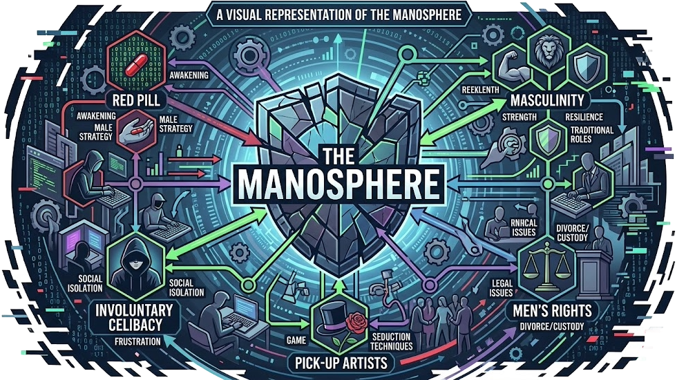 AI Created image portraying different parts of the manosphere like red pill, involuntary celibacy etc