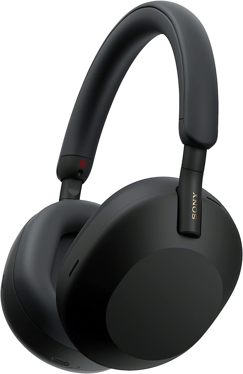 Sony WH-1000XM5 wireless noise-cancelling headphones in black with a minimalist design. Features include smooth over-ear cups, slim adjustable headband with premium padding, and the Sony logo in gold on the side. The sleek, sophisticated design showcases the headphones' premium build quality intended for both professional calls and high-quality audio listening.
