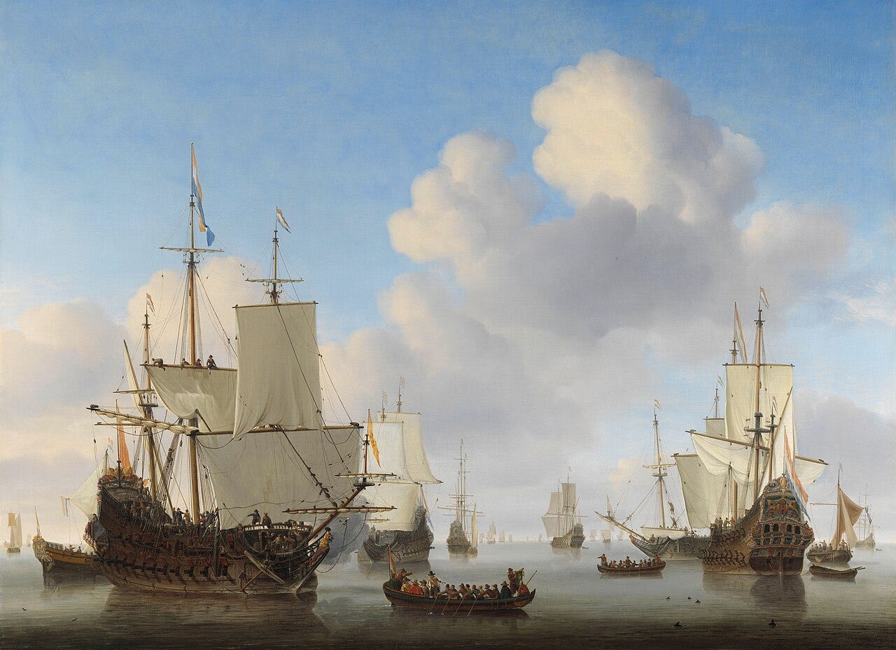 Dutch ships at anchor in still water Dutch ships at anchor in still water