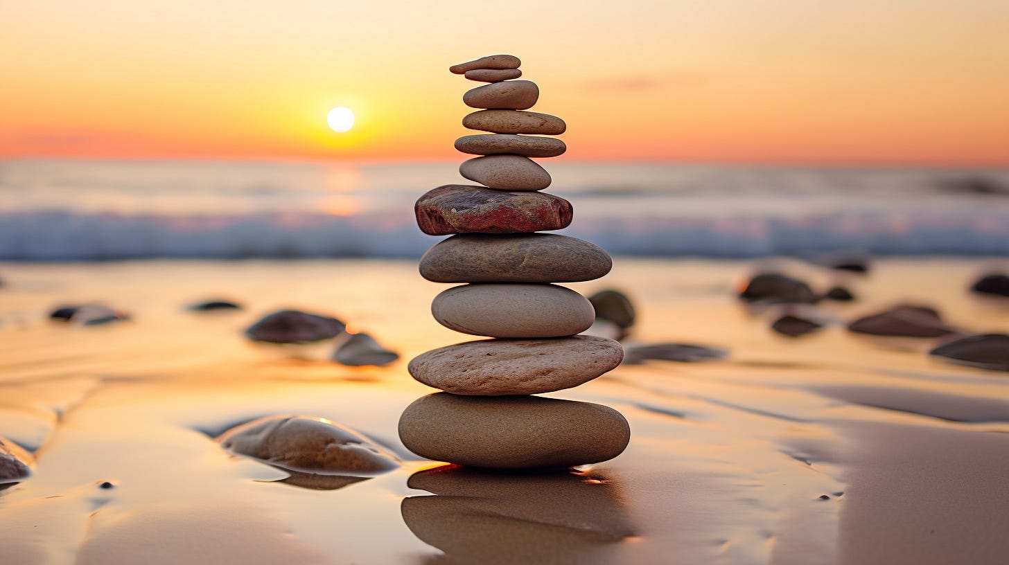 Stack of stone art on a beach at sunset