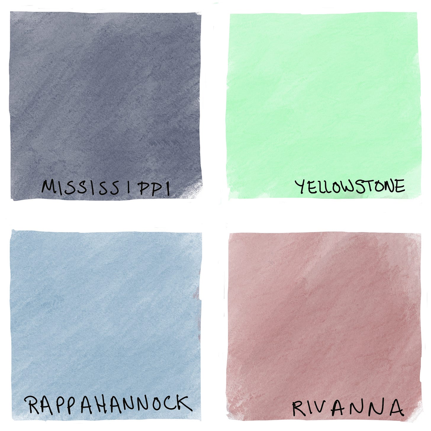 four watercolor patches with labels: a dark grey-blue ("Mississippi"), a foam green ("Yellowstone"), a medium sky-blue ("Rappahannock"), and a rust brown ("Rivanna")