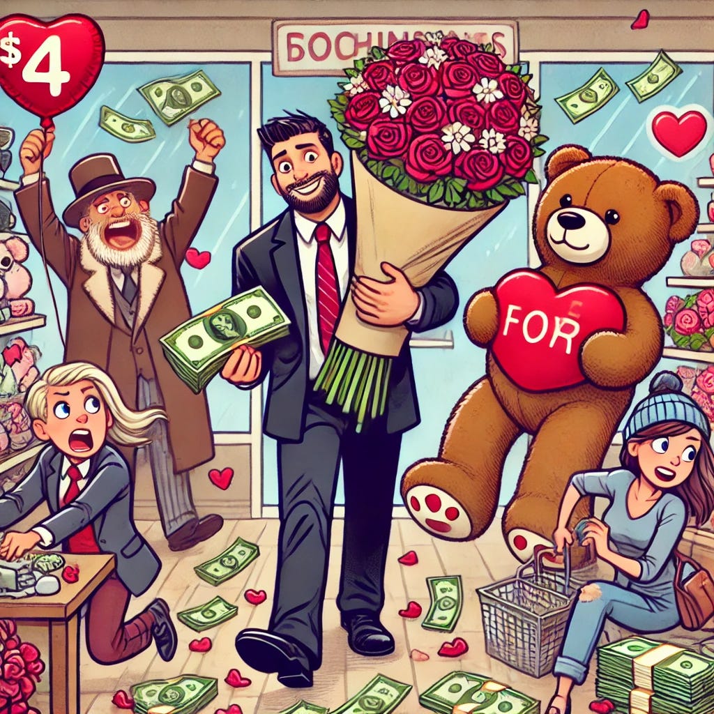 4. A modern-day Valentine’s Day shopping scene, featuring frantic people grabbing last-minute gifts, giant teddy bears, and overpriced roses, while a smug florist counts their profits.