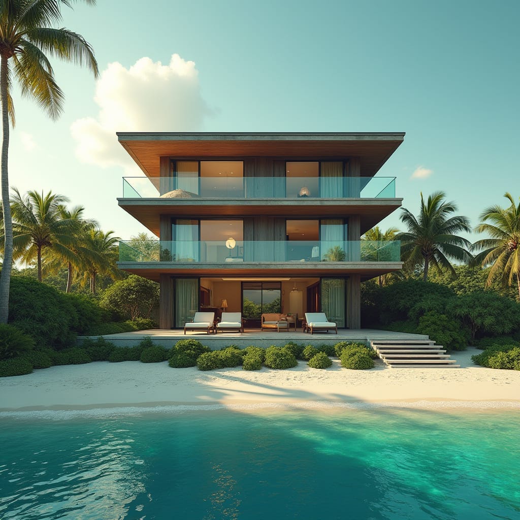A modern beachfront villa framed by palms, where glass, wood, and open terraces blur the line between luxury living and the Caribbean sea.
