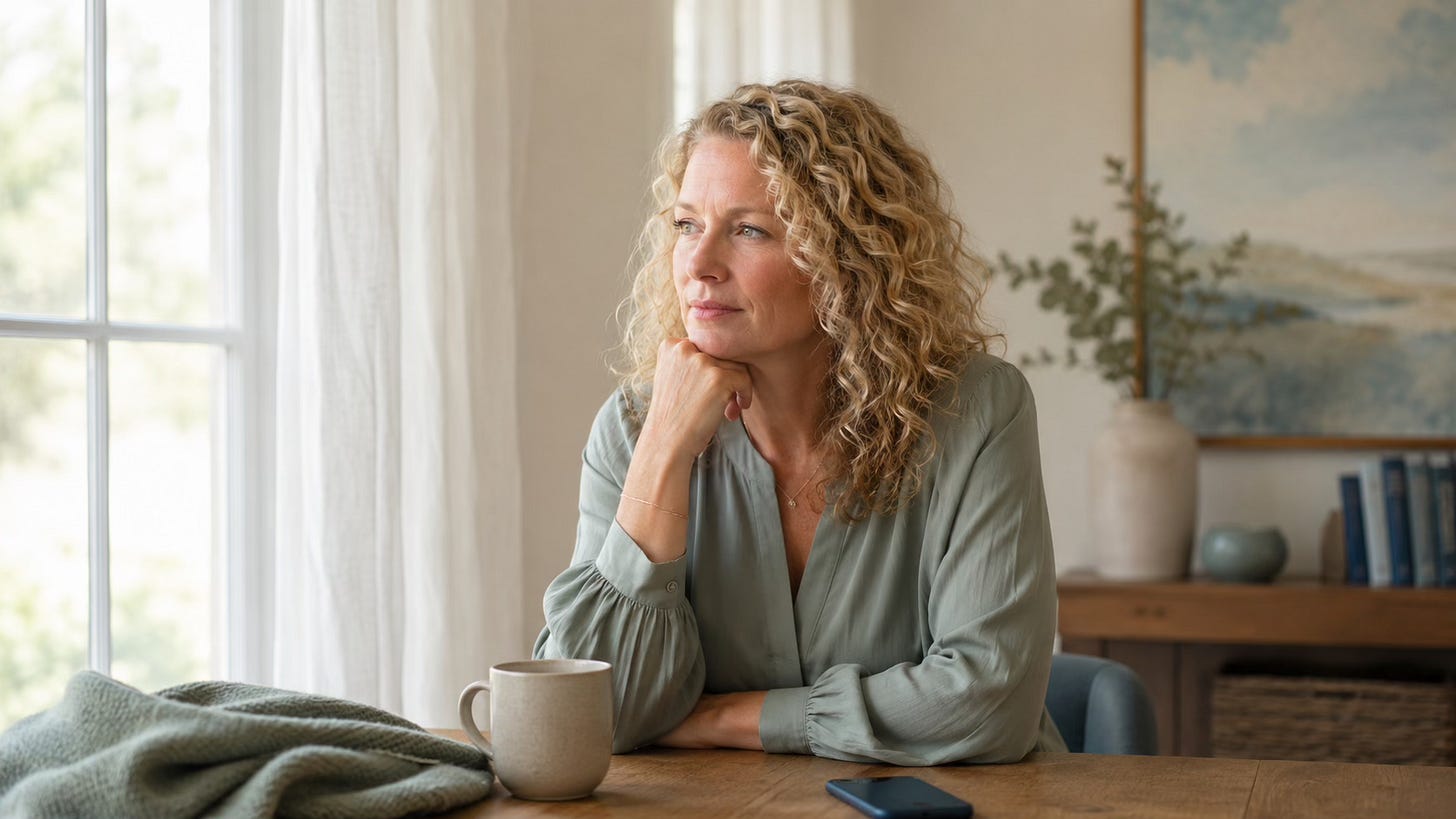 Woman sitting quietly beside a window with a phone nearby, reflecting after a difficult message.