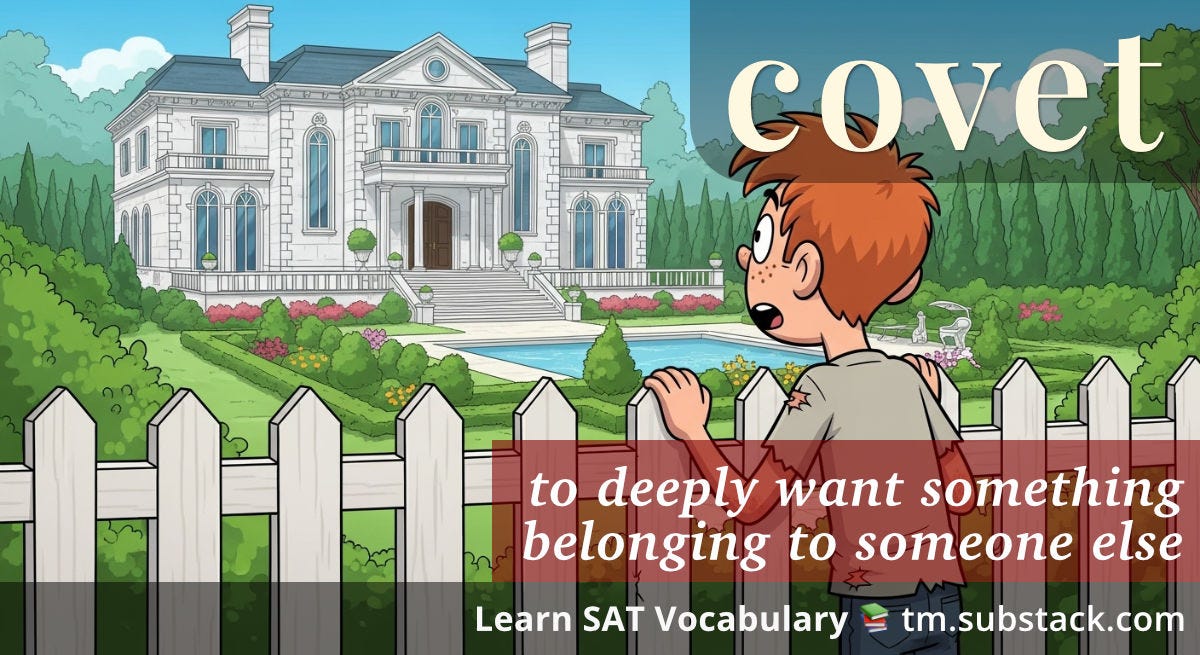 Illustration of a person looking longingly at a neighbor's mansion; used to illustrate the SAT word 'covet'.