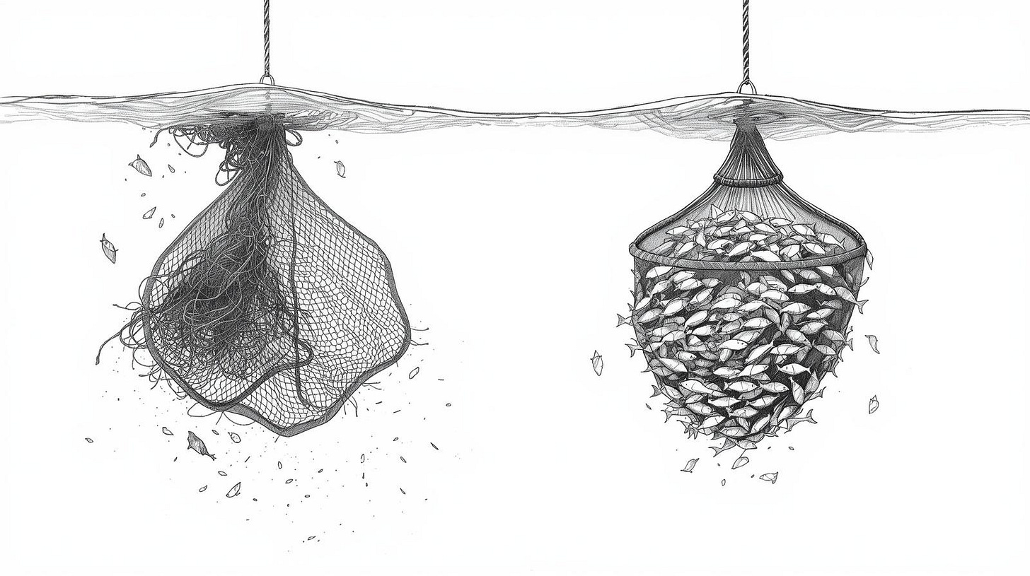 Two fishing nets at different depths, one catching debris, one a dense precise cluster