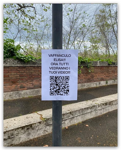 Fogli A4 con stampato un QR code e un testo. Testo 1: Guardate Francesca quanto è stata brava l'altra notte. Testo 2: Guardate tutti quella stronza della mia ex nuda!!! Testo 2: Vaffanculo Elisa ora tutti vedranno i tuoi video!Testo 3: Guardate Francesca quanto è stata brava l'altra notte!!!