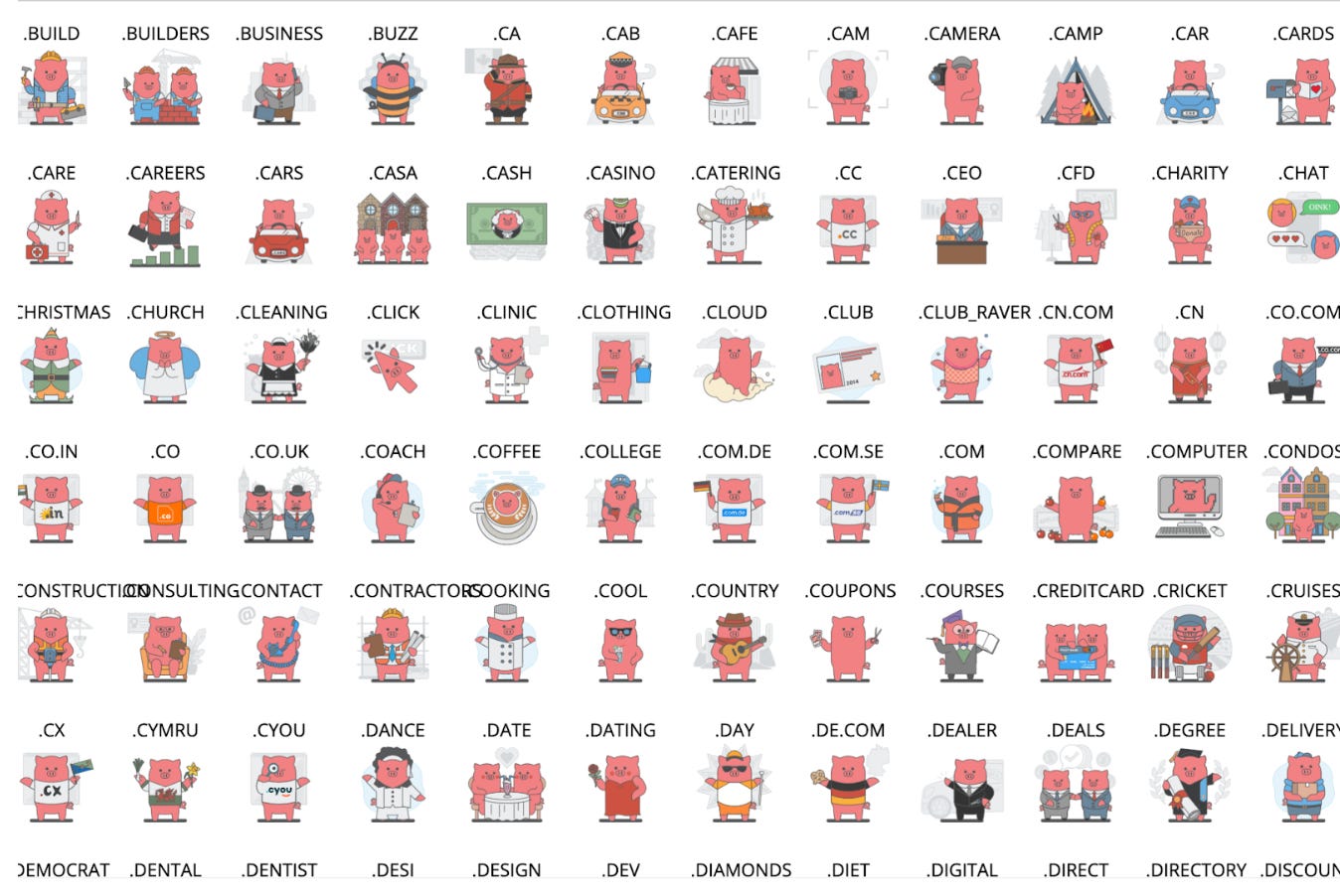 Porkbun created a unique piglet for each type of domain they support. And boy, are there a lot of little piggies! Source: Porkbun’s “Awesomeness” page Porkbun created a unique piglet for each type of domain they support. And boy, are there a lot of little piggies! Source: Porkbun’s “Awesomeness” page