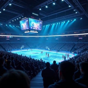 Digital arena with holographic players and real audience