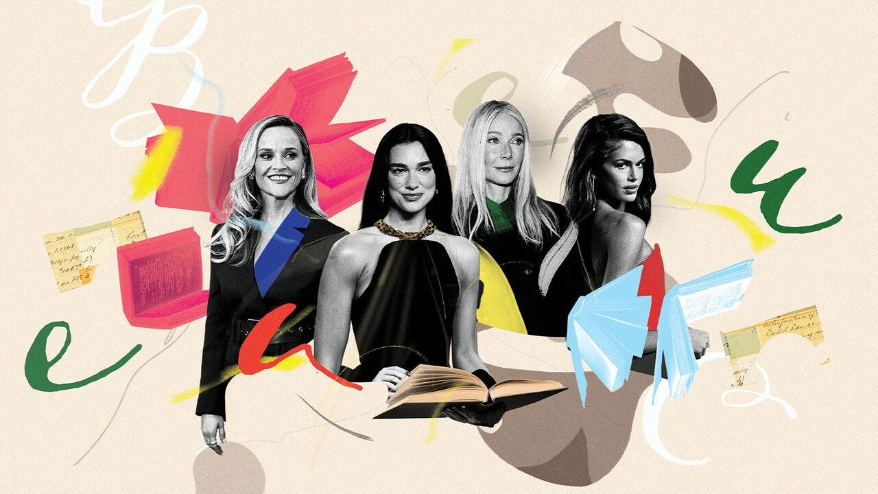 A collage of actresses and singers with books around them.