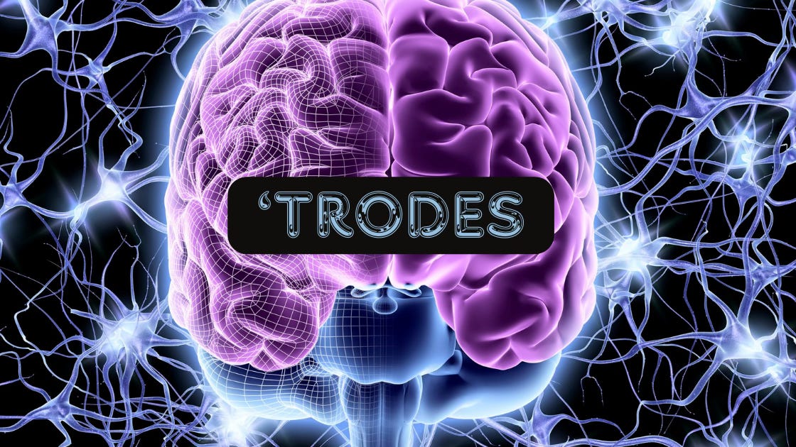 An intricate maps out one half of a glowing purple braid. All around, synapses flash and spark. 'Trodes.