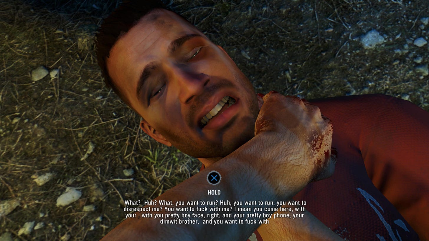 Close-up in-game cutscene showing an injured man lying on the ground, his face bruised and strained as a bloodied hand presses against his neck. A “Hold X” button prompt appears at the center of the screen, with subtitles displaying aggressive dialogue at the bottom, set against a gritty outdoor ground texture.