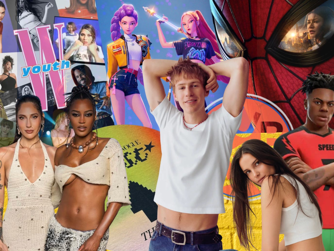 collage representing iShowSpeed, Spiderman, K-Pop Demon Hunters, Love Island, Gap's new denim ad, W Youth magazine, Teen Vogue Fest, Bubble skincare brand