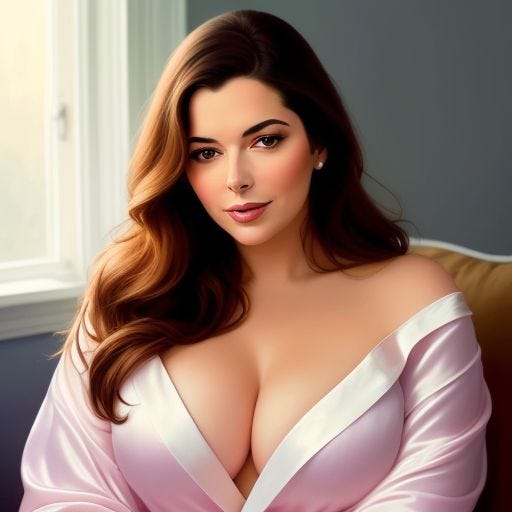 Gorgeous motherly woman peering at the camera. Mona Lisa smile. Silk robe. Big chest.