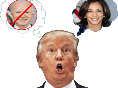 Donald Trump looking worried while thinking about Kamala Harris replacing Joe Biden