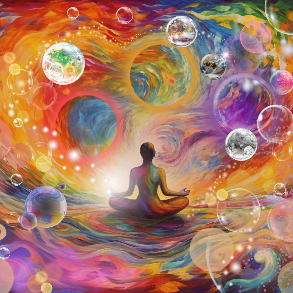 Vibrant digital painting of a meditating figure surrounded by colourful swirling energy, glowing orbs, and cosmic bubbles, symbolising emotional navigation, Three Pure Emotions, multidimensional perception, intrinsic sensitivity, and the coherence of the Recognition Field Matrix in the Mirror Paradigm.