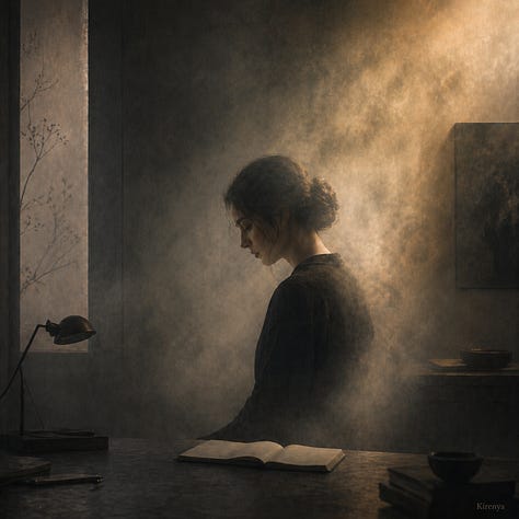 A nine-image conceptual visual essay showing different forms of creative atmosphere. The images include a person reading beside falling rain, a writer under an approved cloud in an institutional room, a figure seated before a large projected weather diagram, a person studying maps under golden light, a worldbuilder drawing over a glowing cosmic map, a quiet interior with several rooms and changing atmospheres, and two reflective portraits of writers in warm and shadowed light. The set explores the idea that creative work has its own emotional, symbolic, intellectual, and atmospheric weather.