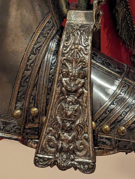 Armor for man and horse, steel and copper alloy with gilding, leather, and textile